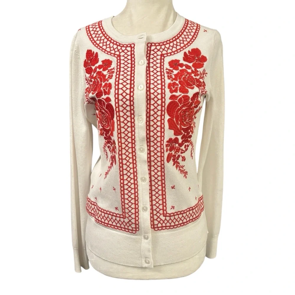 Charter Club White with Red Floral Embroidery Button up Sweater Small